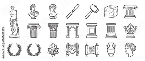 Collection of hand-drawn ancient Greek and Roman art elements, including statues, columns, tools, and decorative motifs, in a clean line art style