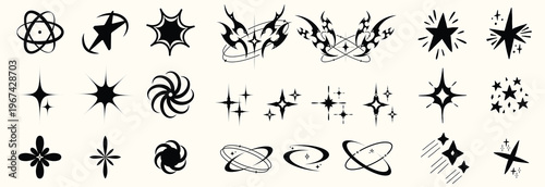 Y2K stars and Retrofuturistic symbols set with flashes, comets, and sparkles. Y2K-inspired vector pack for prints and clothing. Stylish cyber shapes and vaporwave vibe. Stars and flash. Vector set 