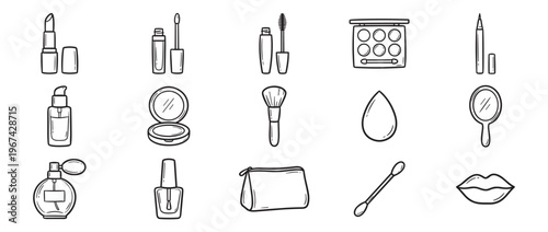 Various hand-drawn beauty and makeup product icons are neatly arranged, showcasing essential cosmetic tools and items in a simple, illustrative style