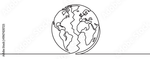 Single continuous line drawing of the Earth globe with continents, illustrating global connection and environmental unity