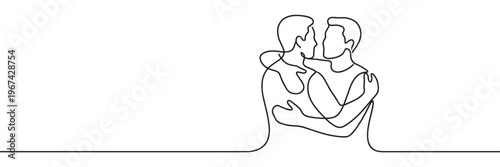 Two men embracing in a continuous line art drawing, symbolizing love, connection, and intimacy with minimalist style