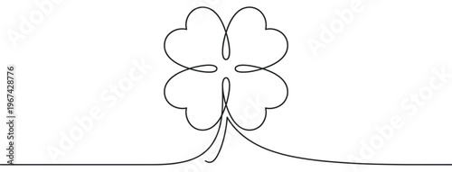 Minimalist black line art drawing of a four-leaf clover with a stem, symbolizing luck and good fortune
