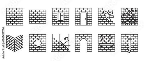 Collection of black outline brick wall icons showing various construction elements and damage on a white surface