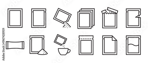 Collection of various line art icons depicting different types of sachets and their uses, presented in a clean, minimalist style