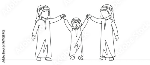 Three happy Arab family members, two adults and one child, holding hands with joyful expressions in a continuous line art style