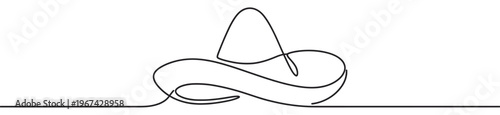 Single continuous line drawing of a traditional Mexican sombrero hat with a wide brim, presented in a minimalist style