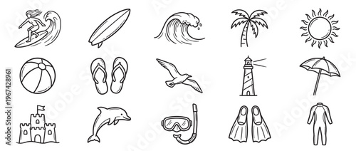 Collection of hand-drawn black and white summer and beach-themed icons, including a surfer, palm tree, sun, and sandcastle, in a clean, illustrative style