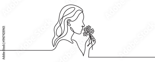 Beautiful woman's face in a continuous line art drawing style, holding and smelling a small bouquet of flowers