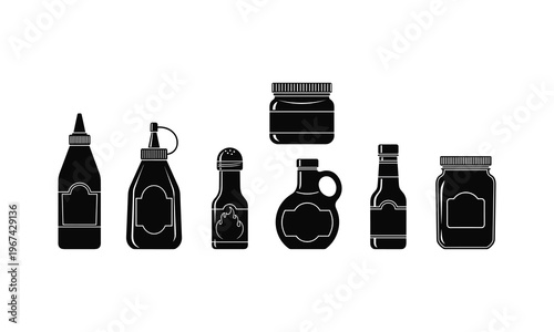 Assorted black and white condiment bottle icons in a row.