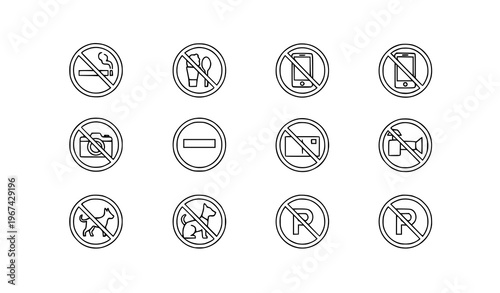Minimal line art prohibited and forbidden icon set with restriction symbols no smoking no phone no entry vector collection