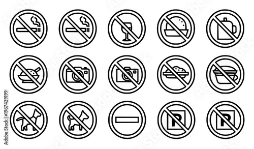 Bold flat prohibition icon set with restricted symbols no smoking no food no pets no entry vector for safety signage