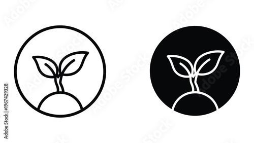 Contrasting designs of a sprouting plant within circular frames in black and white