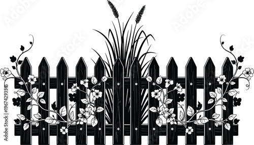 decorative garden fence with flowers and grass silhouette wooden picket barrier floral ornament nature border design black white illustration