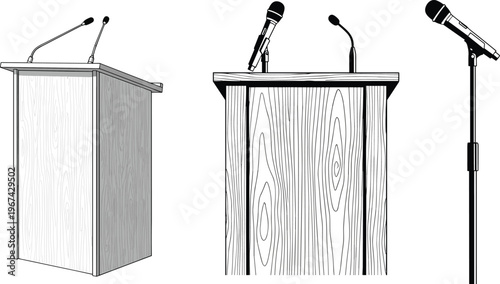 wooden podium microphone press conference speech stand lectern stage debate announcement political media interview public speaking equipment minimal vector illustration