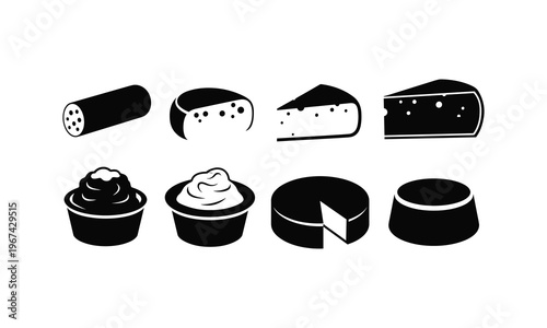 Assorted black and white illustrations of various cheeses and dairy products