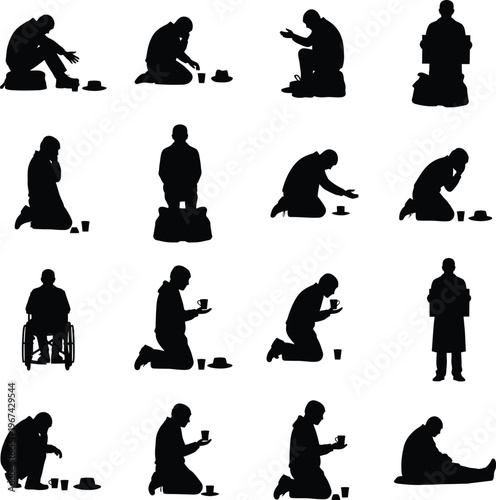 Silhouetted Figures of Homeless People Begging and Seeking Help for Social Issues Concepts
