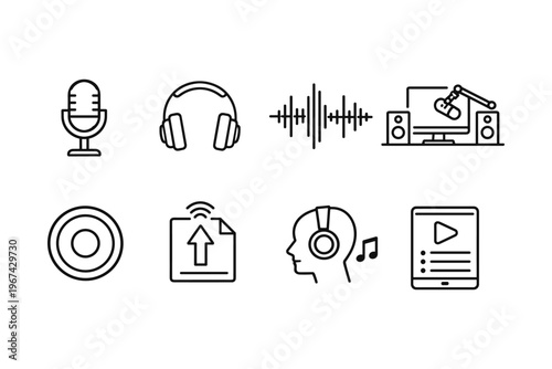 Collection of audio and music related icons in a clean line art style