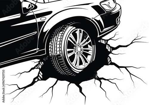 A vehicle sinking into a large, cracked asphalt surface