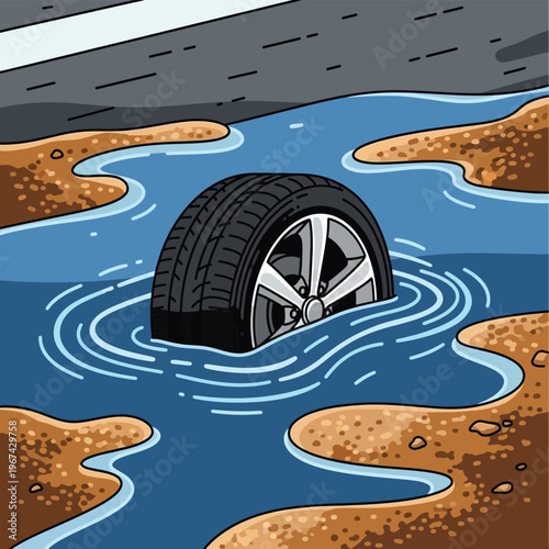 A submerged tire floating in a flooded area surrounded by water and mud