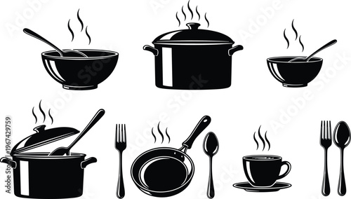 Cooking utensils and kitchenware silhouette set with pots, pan, bowls, cup and cutlery, black vector illustration collection