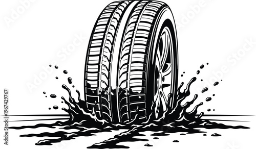 A tire sinking into muddy terrain, illustrating difficult driving conditions