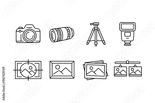 Collection of simple line art icons representing photography equipment and concepts