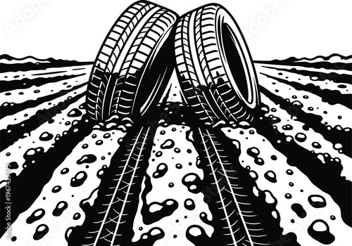 Two giant tires forming a bridge over a rough terrain of rocks and debris