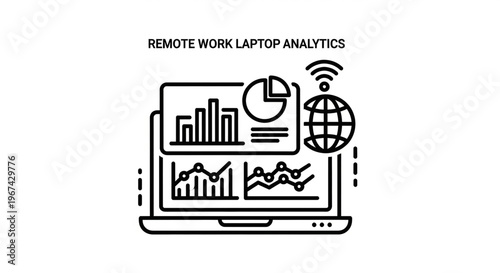 A minimalist vector graphic illustrating remote work laptop analytics with graphs