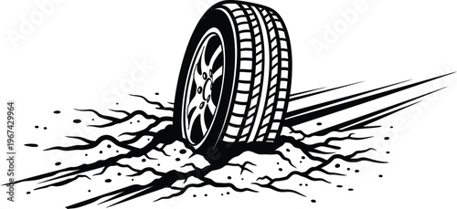 A car tire stuck in a deep, cracked road surface illustrating poor road conditions or an accident.