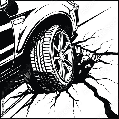 A car wheel stuck in a deep and jagged crack on the road