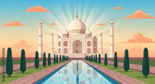 Taj Mahal Vector Illustration at Sunset with Reflection Pool and Mughal Architecture, Agra India Landmark