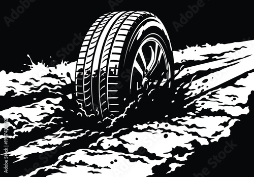 A lone tire sinking into a dark, wet abyss under a starry night sky