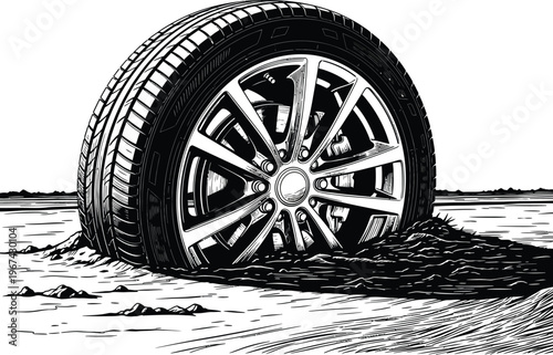 A lone tire stranded on a rugged, uneven terrain with a rocky surface.