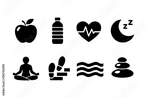 Healthy lifestyle icons: nutrition, hydration, fitness, sleep, meditation, and wellness