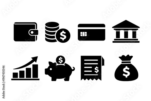 Collection of financial icons representing money, savings, and banking services