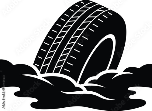 A tire partially submerged in water illustrating potential vehicle safety hazards on flooded roads