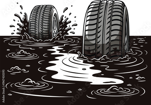 Two tires sinking into a muddy and waterlogged surface with ripples around them