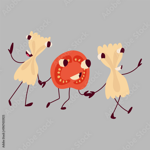 Macaroni and tomato. Funny food characters.
