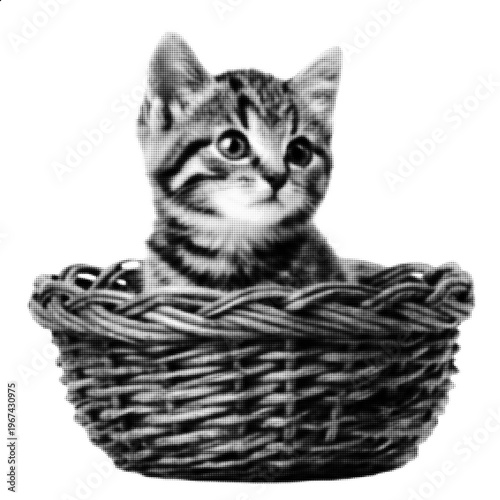 Cute Kitten in Basket Halftone Style, Black and White Cat Looking Away, Adorable Pet Image