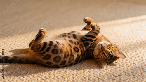 Bengal cat lying on its back