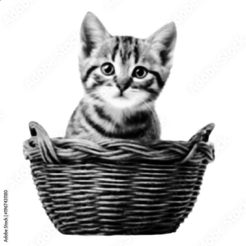 Cute Kitten in Basket Halftone Style, Black and White Cat Portrait, Adorable Pet Animal Image