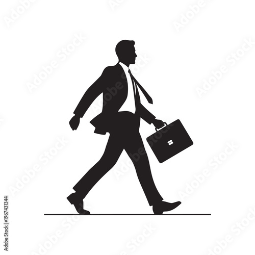 Silhouette of a businessman in a suit and tie walking with a briefcase on a white background
