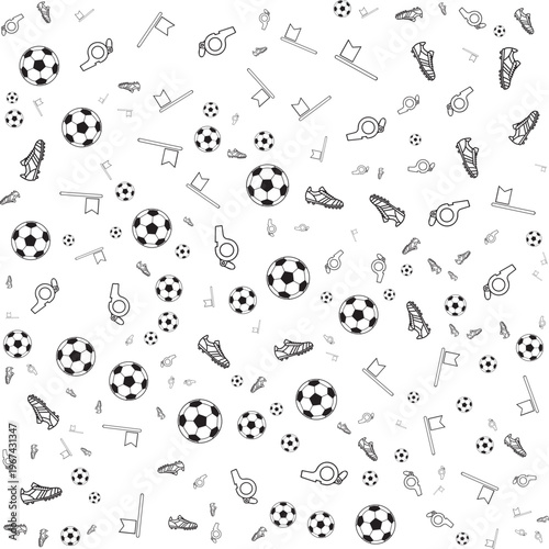 Seamless pattern featuring black and white illustrations of soccer balls, cleats, and whistles