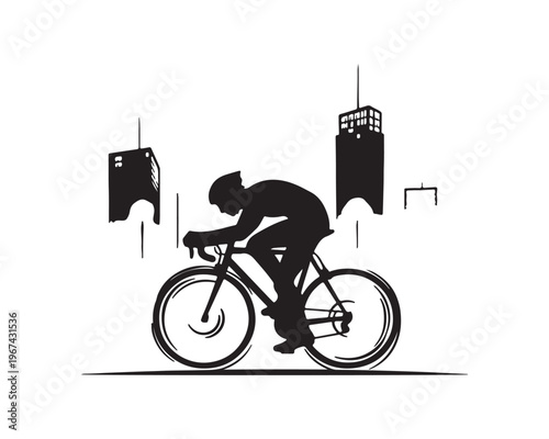 Silhouette of a cyclist in a city with abstract buildings in the background on a white background