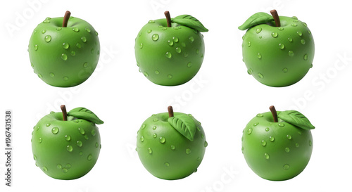 six green apples with water drops displayed in a grid formation against a white background food advertising