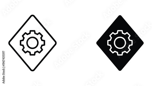 Contrasting gear icons within diamond shapes in different color schemes