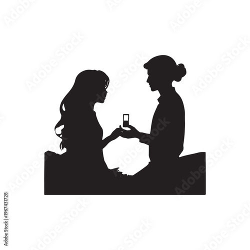 Silhouette of a man proposing marriage to a woman with a ring box in his hand on a white background Keywords