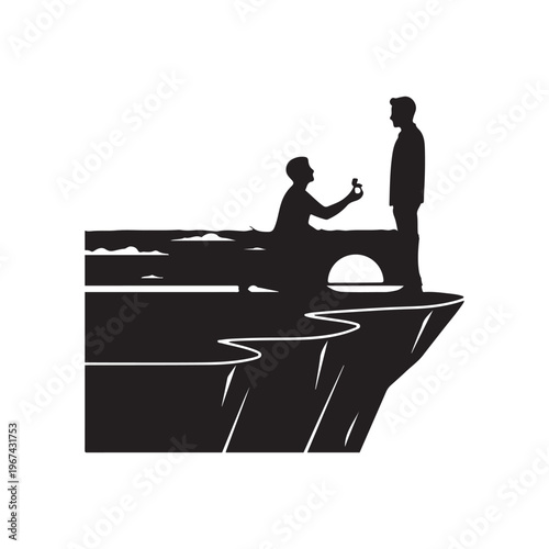 Silhouette of a man proposing marriage to another man on a cliff edge with a bridge arch and stylized water below