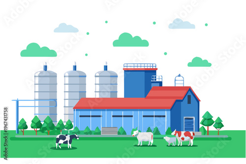 A colorful illustration depicts a modern dairy farm with cows and silos