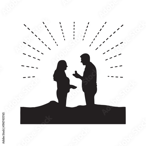 Silhouette of a man proposing to a woman with dashed lines radiating from above on a white background Keywords